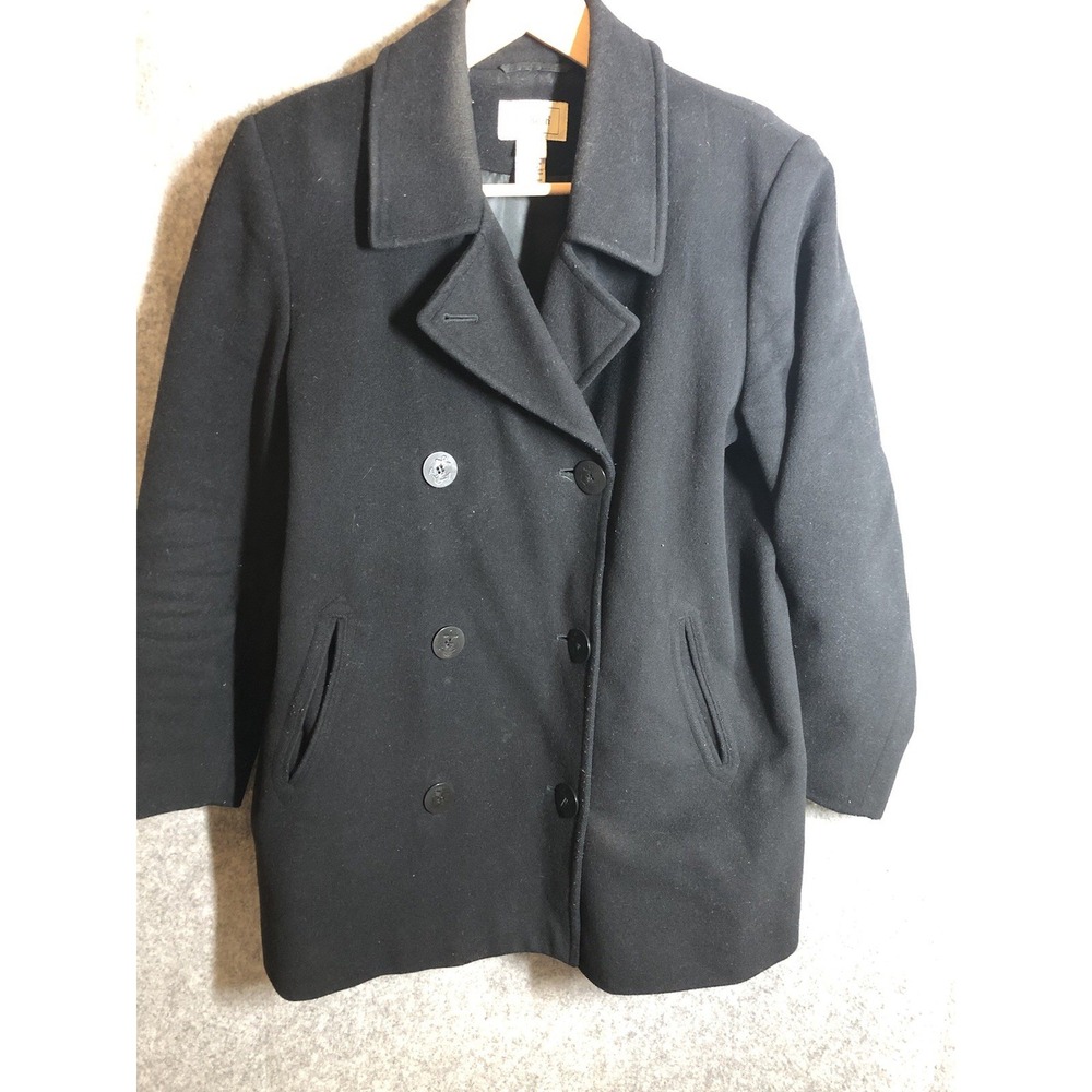 L.L. Bean Coat Womens 10P Black Naval Pea Coat Anchor Buttons Wool Thinsulate